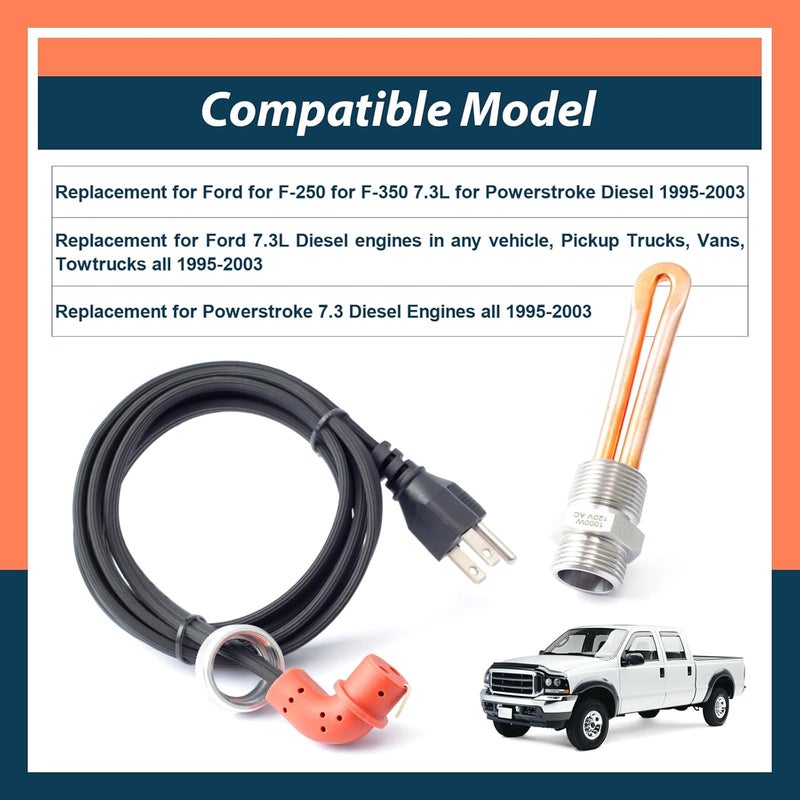 Lisnhlin F7TZ-6A051-AA Diesel Engine Block Heater Replacement for Ford F-250 F-350 7.3L for Powerstroke Diesel 1995-2003 with Cable Cord 120v 1000w 3/4" NPT - Image 3